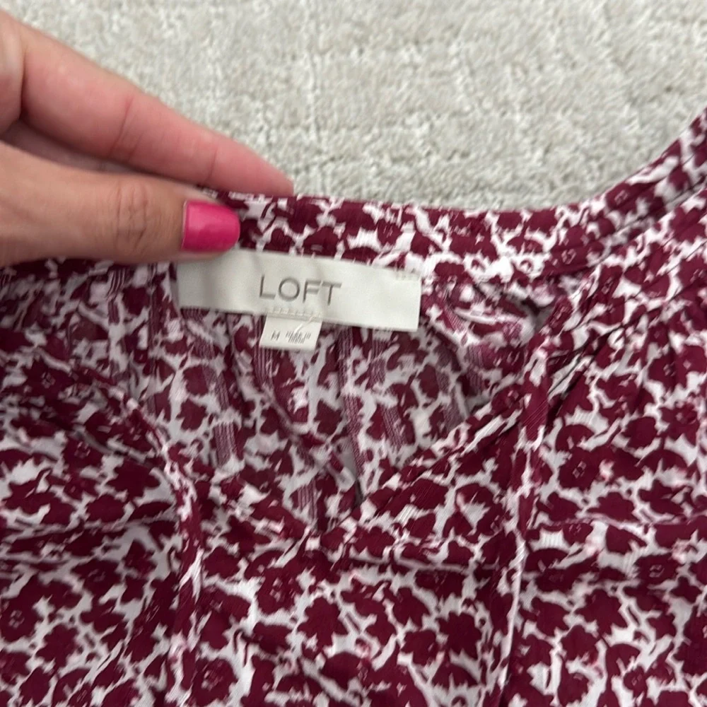LOFT maroon floral skirt set short sleeve peasent top ruffle elastic burgundy